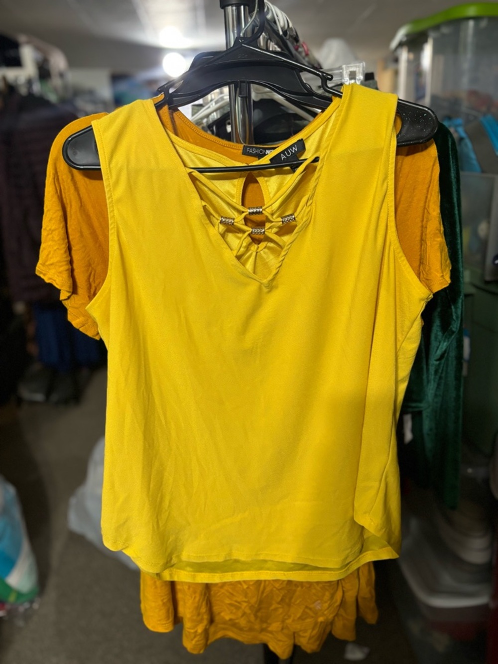 AUW Bright Yellow Lace-Up V-Neck Sleeveless Top